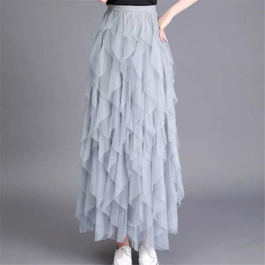 2022 Korean Fashion Female Elastic High Waist Tulle Mesh Irregular Tutu Skirt Spring Autumn Summer Women Party Long Midi Skirt